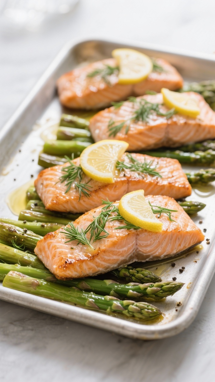 A plated, straight-on shot of one-pan lemon-dill salmon with asparagus: four skin-on salmon fillets roasted to tender flakiness, topped with fresh dill and thin lemon slices, brushed with melted butter; asparagus spears glistening with olive oil, lightly salted and peppered, arranged parallel on a sheet pan; clean, minimalist styling with a subtle bokeh to highlight flaky salmon texture and citrus shine.