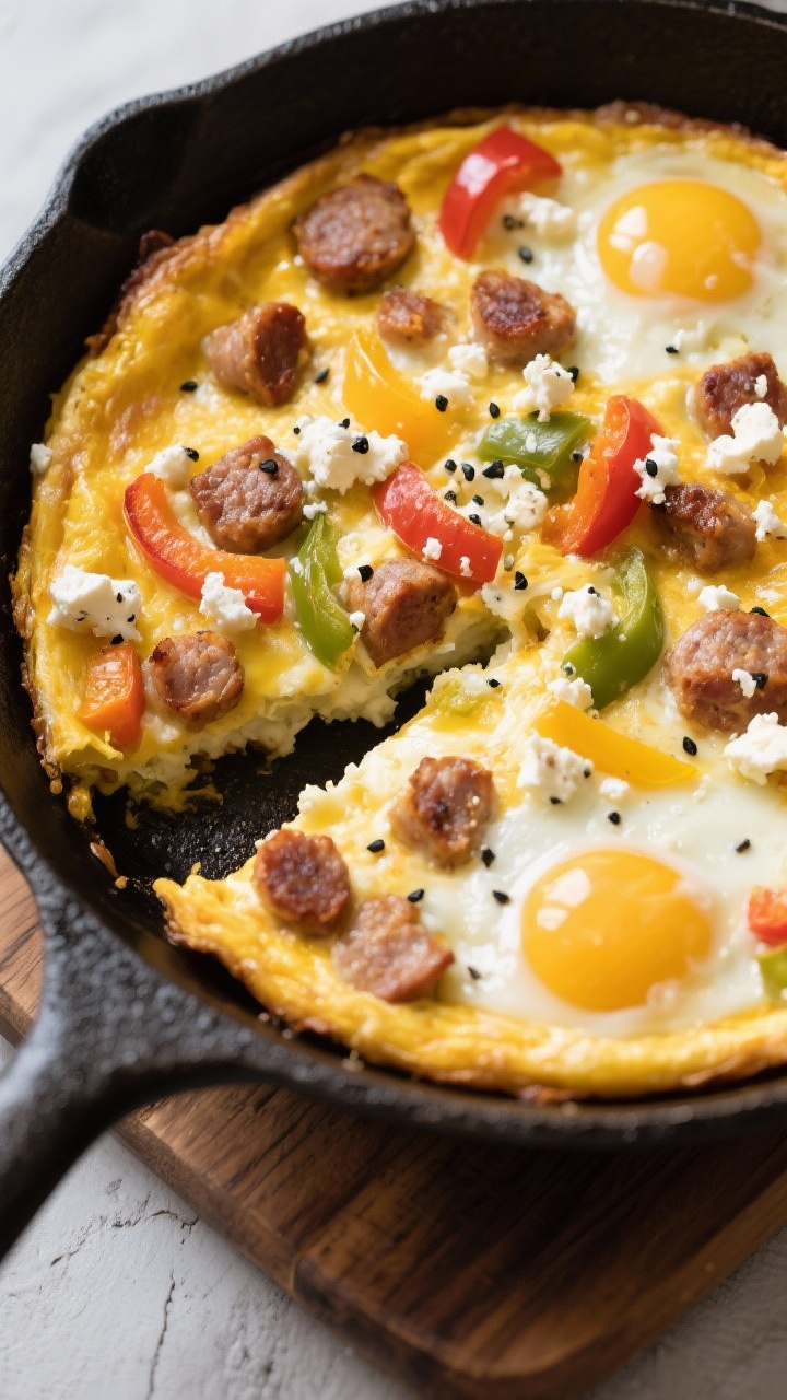 A rustic overhead shot of a savory breakfast sausage frittata: a golden, puffed egg custard made with eggs and heavy cream, studded with browned breakfast sausage, colorful bell peppers, and crumbles of tangy goat cheese; baked in a cast-iron skillet with a slice removed to reveal the tender interior; black pepper specks on top, minimal styling on a wooden board to emphasize hearty morning comfort.