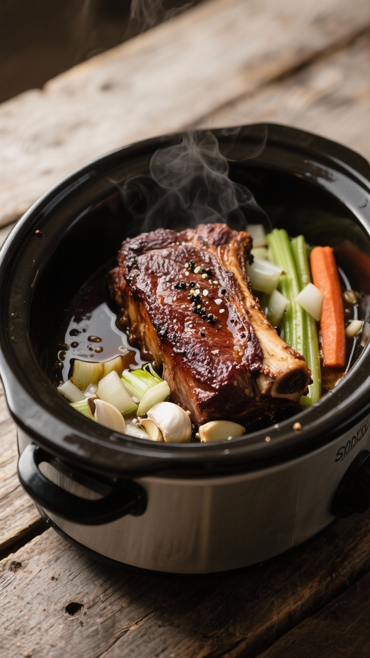 A slow-cooker Sunday scene, straight-on process shot: bone-in beef short ribs seared to a mahogany crust in olive oil, nestled into a slow cooker with diced onion, celery, carrot, and smashed garlic cloves; kosher salt and black pepper sprinkled on top; rich juices pooling at the bottom, steam rising; rustic wooden table, muted afternoon light, highlighting the comfort-food mood and long-braise promise.