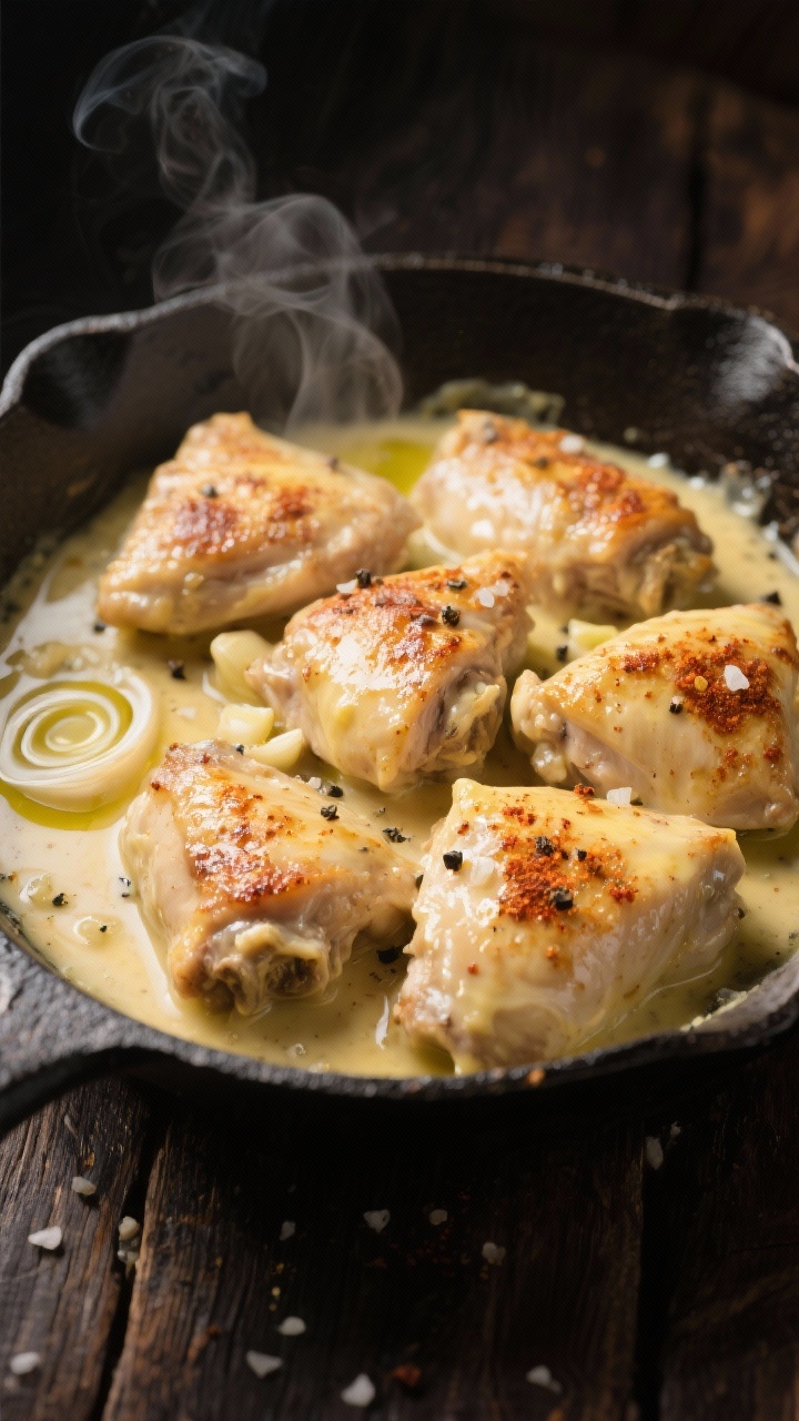 A steaming 45-degree close-up of creamy garlic butter chicken thighs in a cast-iron skillet: golden-seared boneless chicken thigh chunks coated in a glossy butter-garlic sauce, flecks of smoked paprika, visible minced garlic, and a swirl of olive oil pooling at the edges; sprinkle of sea salt and cracked black pepper on top; moody lighting with soft highlights on the buttery sheen, rustic dark wood surface, no garnish, focus on texture and glisten.