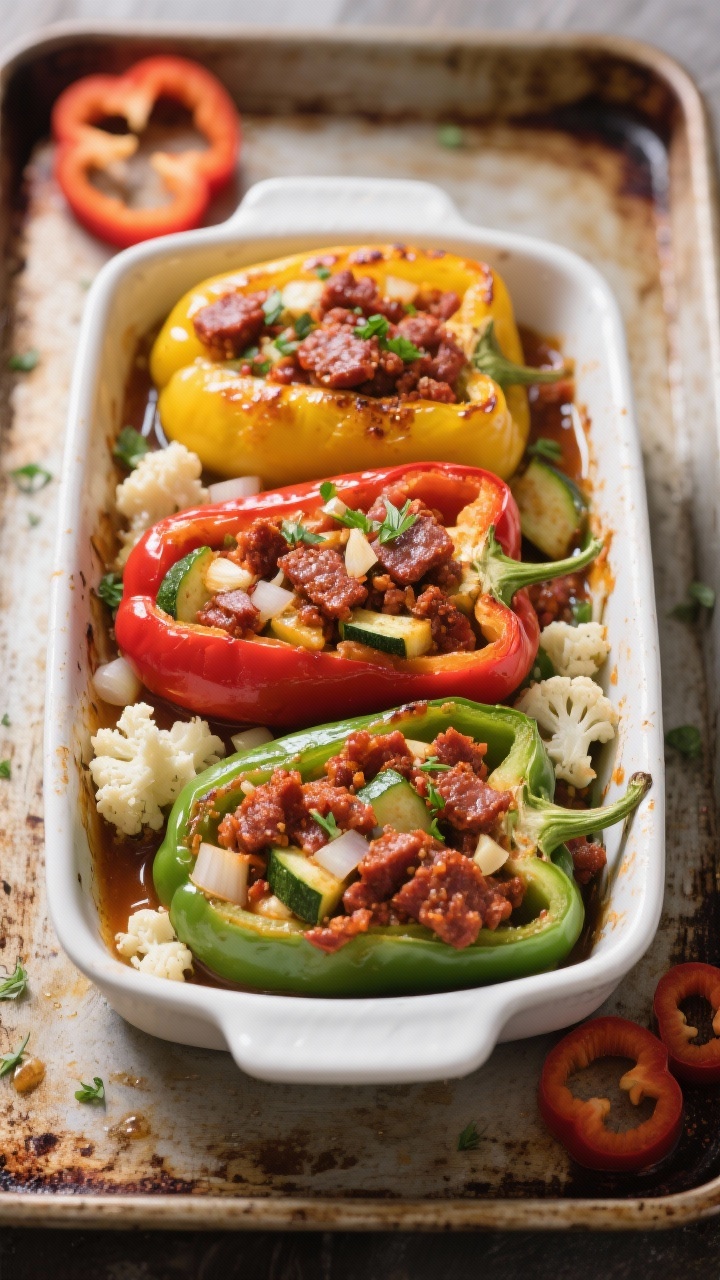A straight-on casserole dish of chorizo-stuffed bell peppers: halved red, yellow, and green peppers packed with spicy chorizo sautéed with diced onion, minced garlic, zucchini, and riced cauliflower; tops slightly browned, juices bubbling at the edges; garnished with a sprinkle of chopped herbs; placed on a rustic baking tray with a few raw pepper rings for context.
