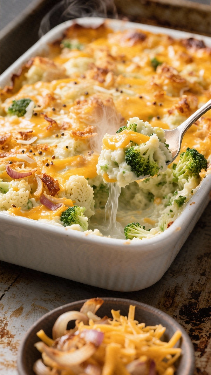 A straight-on casserole shot of cheesy cauli-broccoli mash: bubbling sharp cheddar and Parmesan top with a golden, crispy shallot topping, flecks of Dijon visible at the edges; a serving spoon lifts a scoop to reveal the creamy green-and-white mash beneath; steam rising, set on a rustic baking sheet with a small dish of extra crispy shallots and shredded cheddar in the foreground.