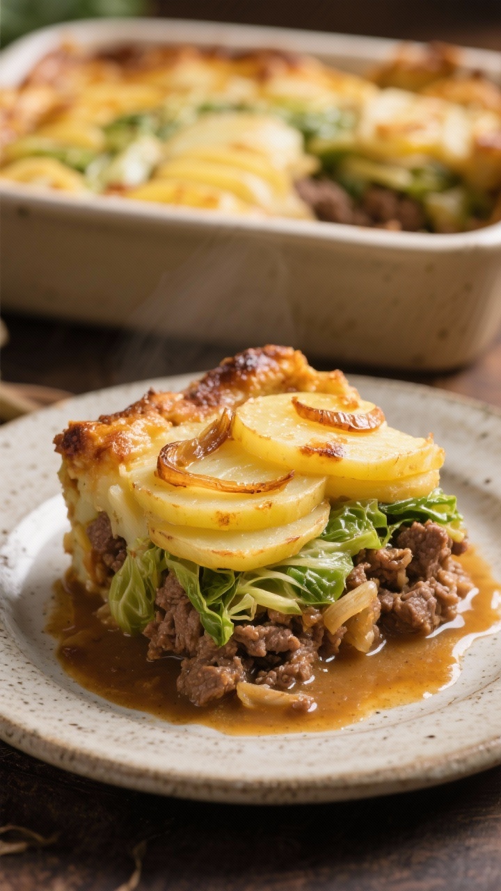 A straight-on casserole slice of Cozy Irish-Style Cabbage, Beef, and Potato Casserole: neat layers of thinly sliced yellow potatoes on top, beneath them tender green cabbage, caramelized onion strands, and juicy ground beef moistened with beef broth and a sheen from Worcestershire sauce. Served on a stoneware plate with the remaining casserole in the background; warm, pub-comfort mood, potato edges lightly browned, savory juices pooling slightly.
