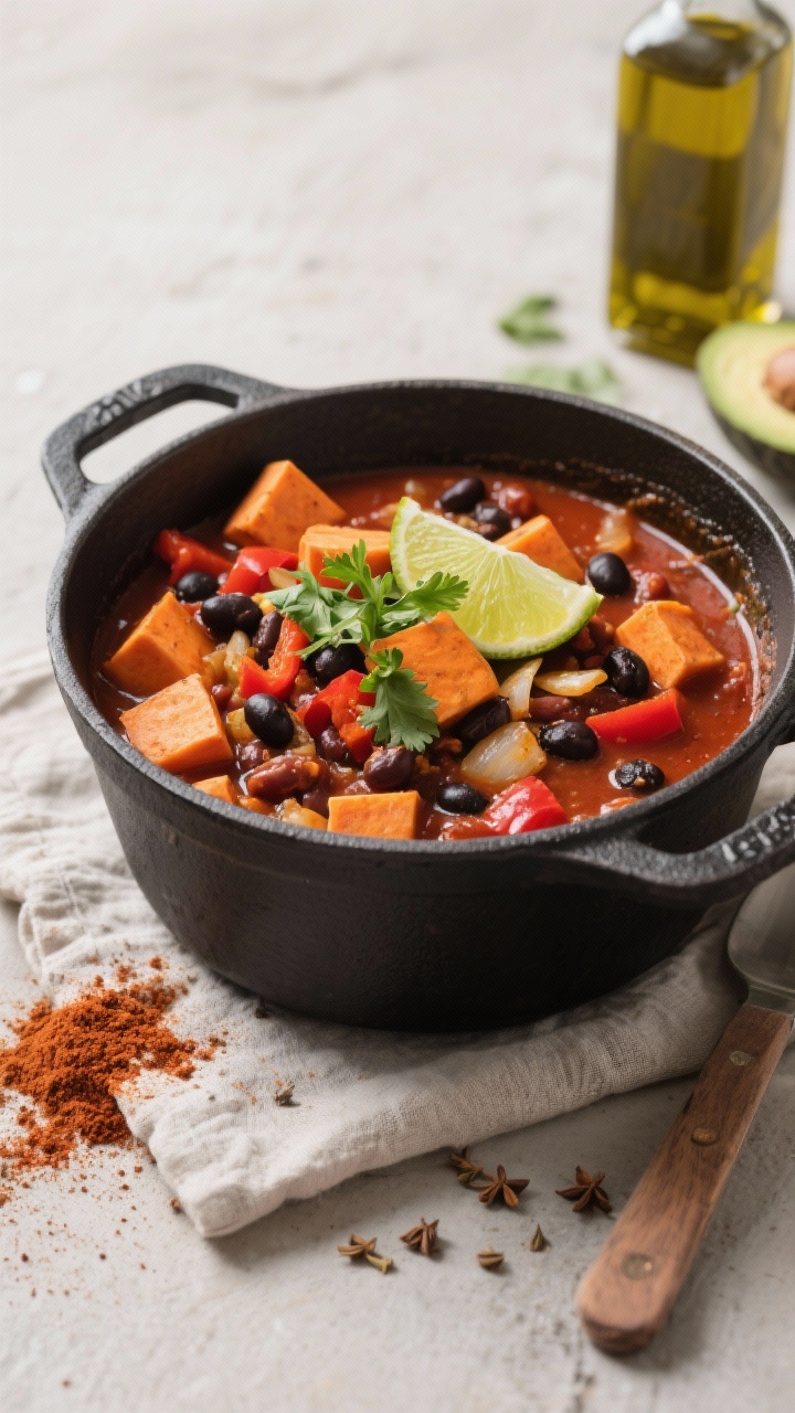 A straight-on hero shot of smoky sweet potato chili in a black cast-iron Dutch oven, chunky cubes of sweet potato, black beans, red bell pepper, and onions in a brick-red chili base; dusting of chili powder and ground cumin on a linen nearby, avocado oil bottle in the background; topped with a squeeze of lime and chopped cilantro for contrast.