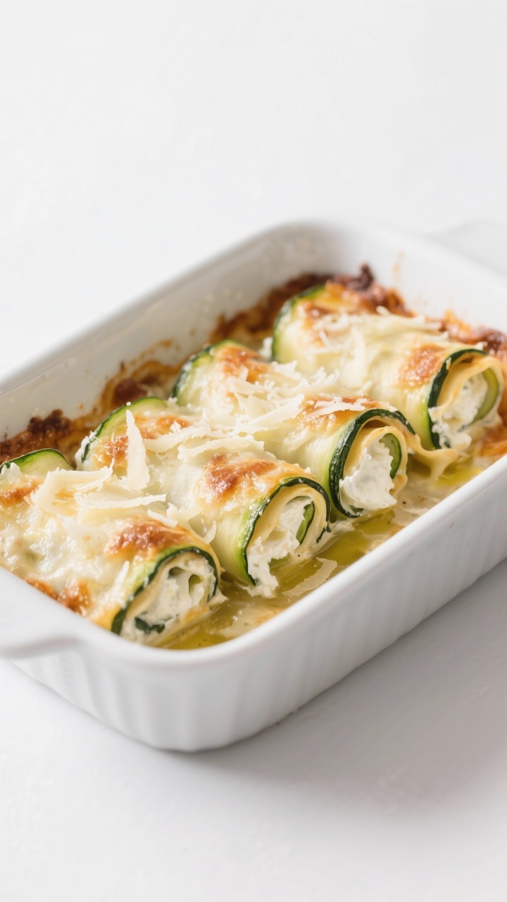 A straight-on plated presentation of cheesy zucchini lasagna rolls: thin zucchini ribbons rolled around a ricotta filling, topped with melted shredded mozzarella and grated Parmesan, lightly browned and bubbling; a hint of garlic in the filling, brushed olive oil shine; rolls arranged neatly in a white baking dish, a serving lifted to reveal creamy layers; Italian comfort, clean white backdrop