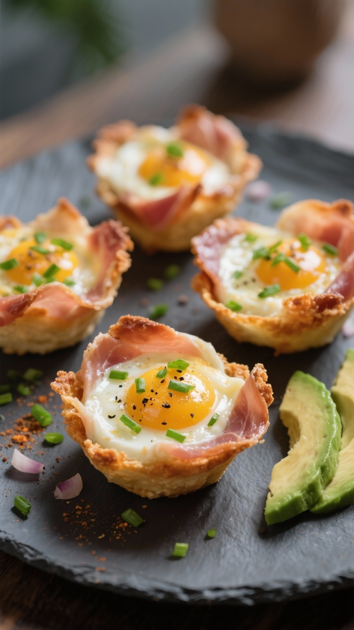 A straight-on plated presentation of crispy prosciutto egg cups: delicate prosciutto “nests” baked until crackly, each holding a just-set egg with melted Gruyère, a touch of heavy cream richness, and specks of black pepper and onion powder; topped with bright chopped chives; avocado slices fanned on the side; served on a matte slate plate with a soft bokeh background to emphasize texture and shine.
