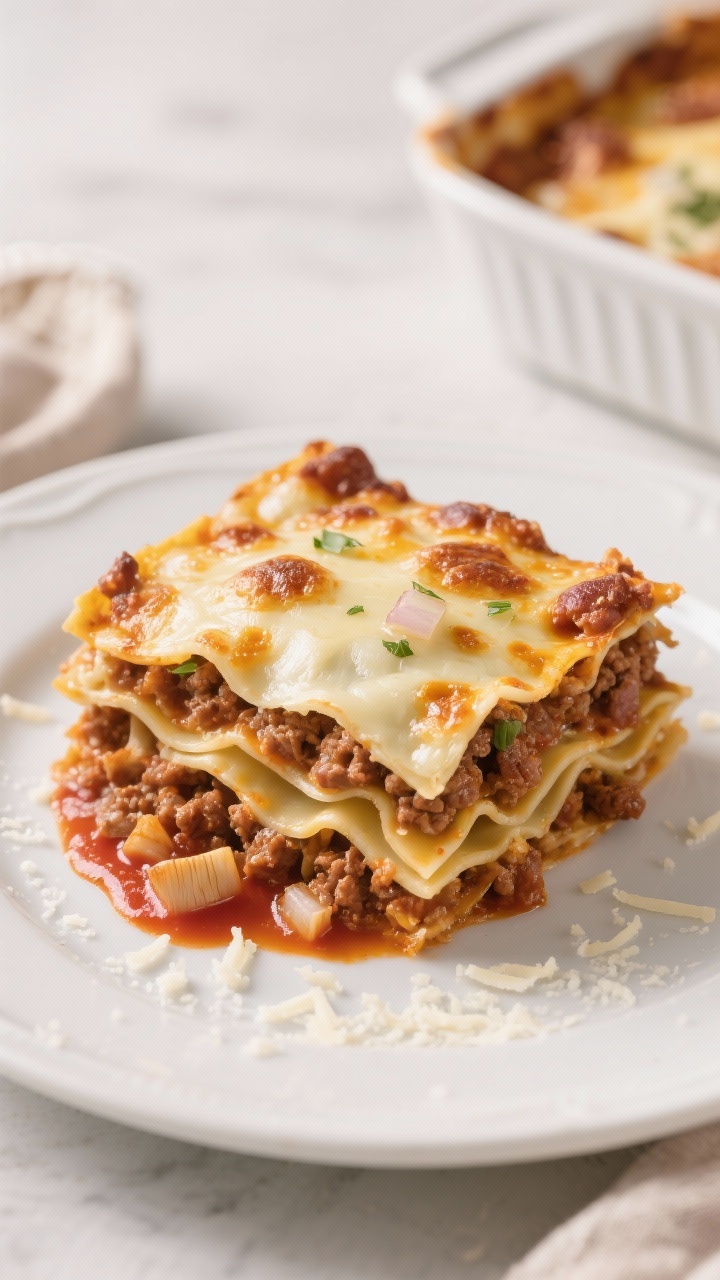 A straight-on, plated slice of baked “four-cheese” keto lasagna with palmini sheets: visible layers of hearts of palm sheets, browned ground beef and Italian sausage ragù, bubbling cheese blend on top with golden-brown spots; fine diced onion and herbs seen within the sauce; set on a white plate with extra marinara swipe and grated cheese dusting; background shows the baking dish with crispy edges; cozy, Italian comfort-food mood.