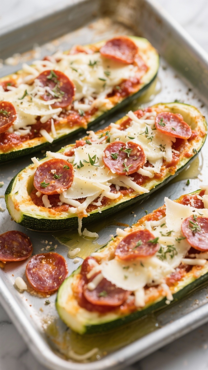 A straight-on shot of low-carb zucchini pizza boats on a sheet tray: halved zucchini scooped and filled with low-sugar pizza sauce, generously topped with shredded mozzarella, grated Parmesan, pepperoni slices curling at the edges, a sprinkle of dried oregano and garlic powder; edges lightly blistered, cheese stretchy; a drizzle of olive oil sheen and a few extra pepperoni on the tray