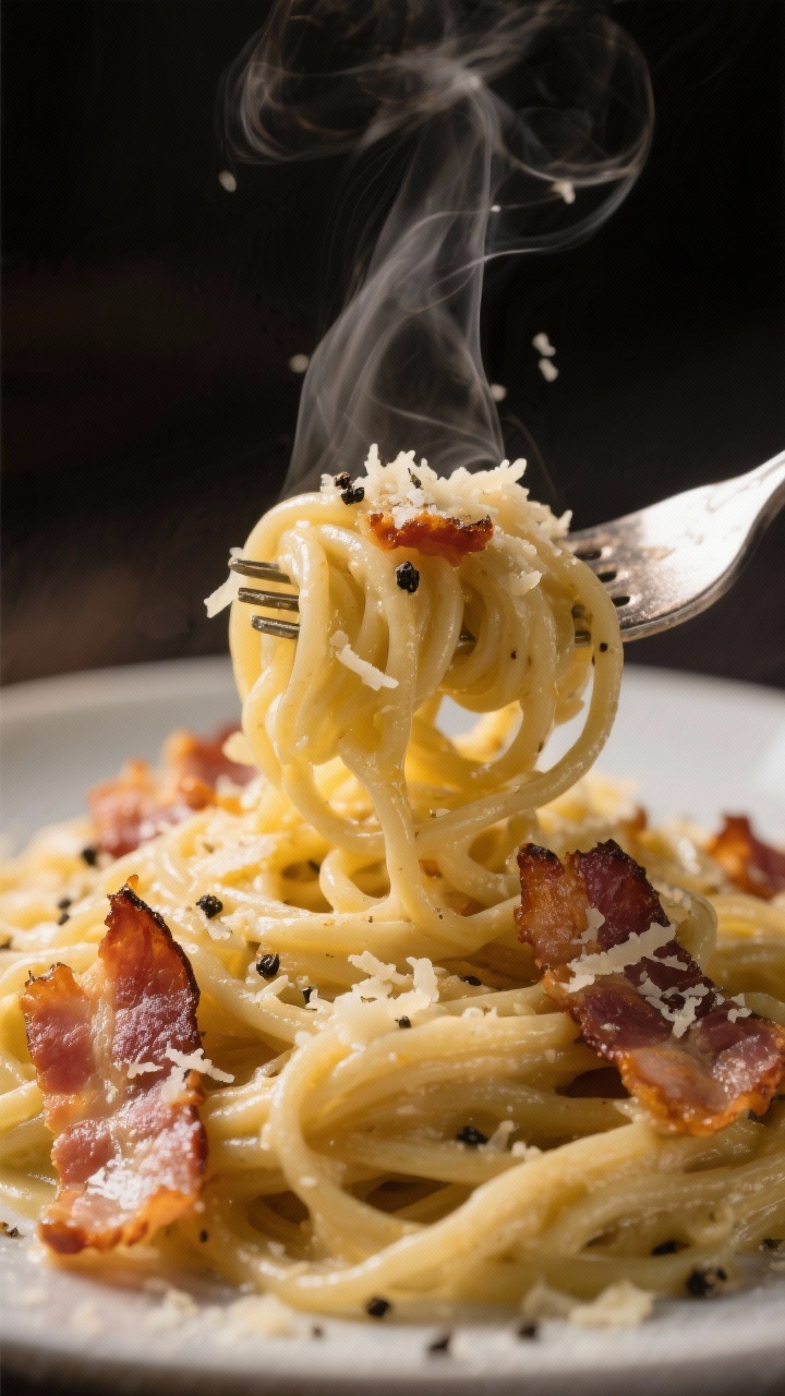 A tight close-up of bacon carbonara with miracle noodles: shirataki spaghetti coated in a glossy egg-and-Parmesan emulsion, studded with crisp, golden bacon pieces; strands being lightly twirled with a fork, steam rising; freshly cracked black pepper and extra finely grated Pecorino on top; moody lighting to highlight the creamy sheen without scrambling.