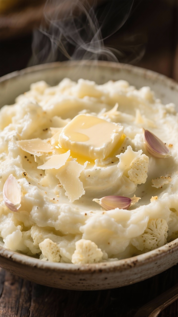 A tight close-up of cheesy garlic cauliflower mash in a rustic bowl: ultra-smooth, cloud-like texture with steam rising, enriched with butter, cream cheese, Parmesan, and a hint of heavy cream; subtle specks from smashed garlic; a glossy butter pat melting on top and delicate Parmesan shavings; shot with shallow depth of field to highlight the creamy ridges and sheen.