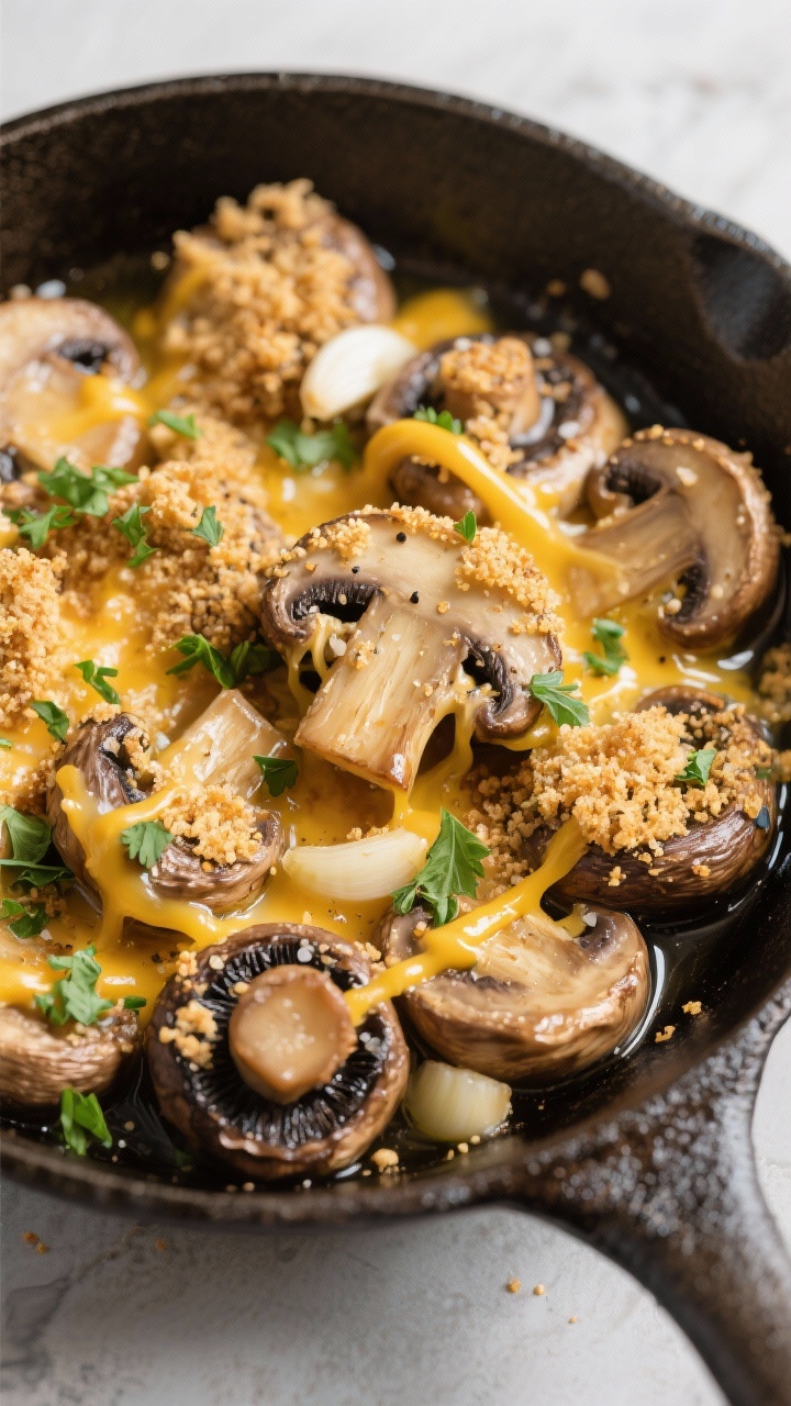 A tight close-up of cheesy garlic mushrooms in a small cast-iron skillet, cremini halves bubbling with melted butter, minced garlic, kosher salt, and black pepper; topped with a golden herbed “breadcrumb” crunch made from low-carb crumbs, browned and crisp, strands of cheese pulling between caps, with finely chopped parsley sprinkled over for freshness.