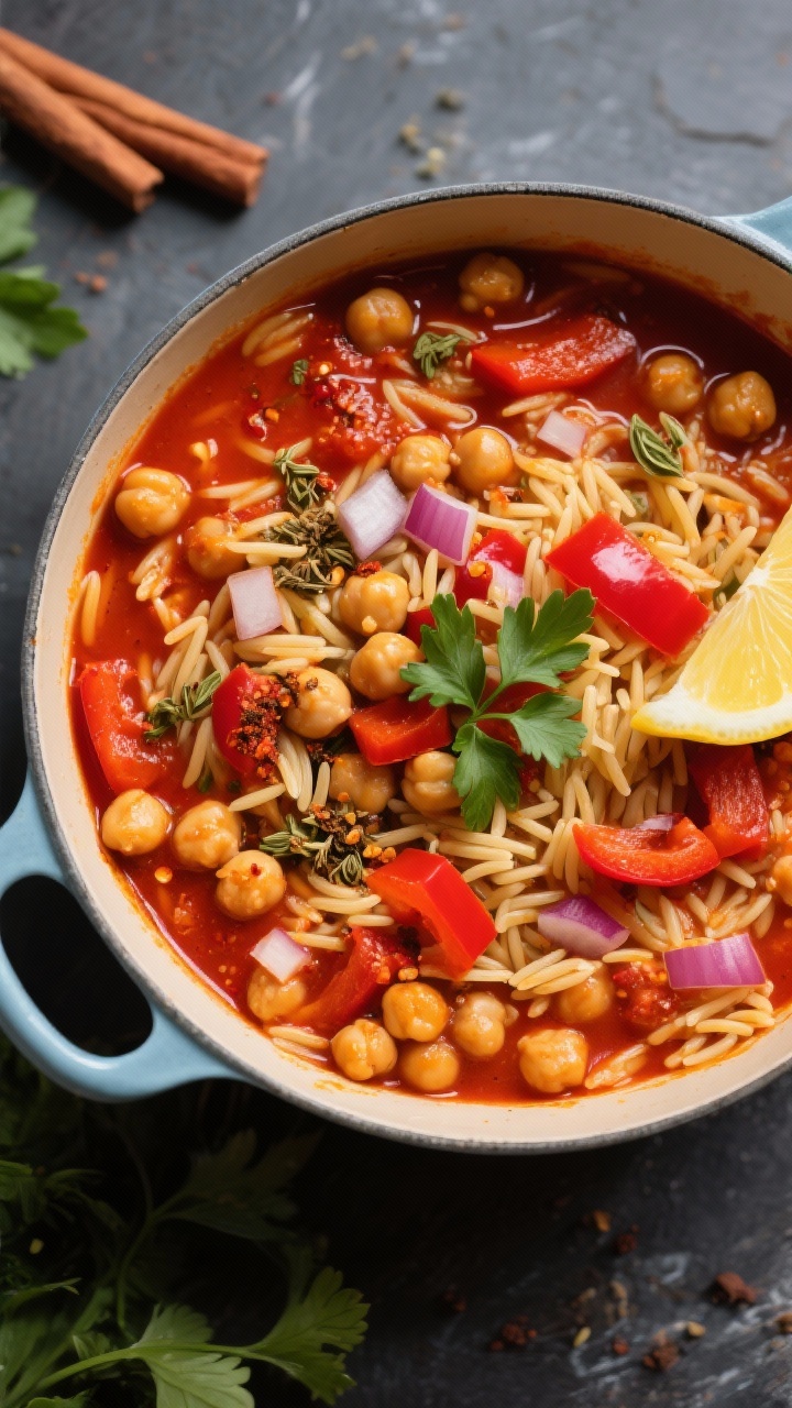 A vibrant overhead flat lay of Moroccan-spiced chickpea and orzo stew in a low pot: plump chickpeas and tiny orzo suspended in a tomato-red broth seasoned with cumin, coriander, smoked paprika, cinnamon, and a touch of cayenne; diced onion and red bell pepper visible; garnished with parsley and lemon wedge accents for brightness.