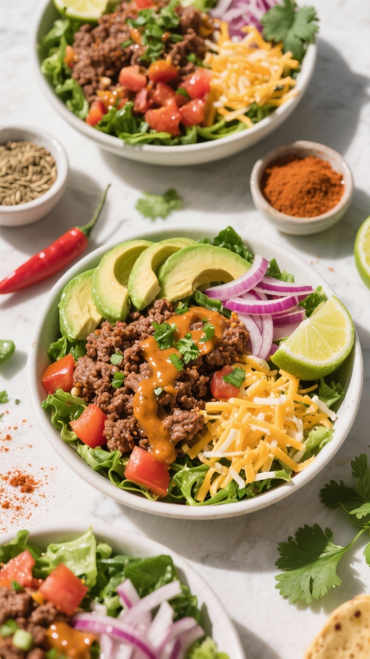 A vibrant overhead flat lay of zesty taco salad bowls: seasoned ground beef (chili powder, cumin, smoked paprika) piled over mixed greens with diced tomatoes, avocado slices, shredded cheese, and red onion; drizzled with a glossy lime-cilantro dressing, lime wedges and cilantro leaves scattered; small bowls of spices (chili powder, cumin) visible in frame, bright daylight for fresh, punchy colors.