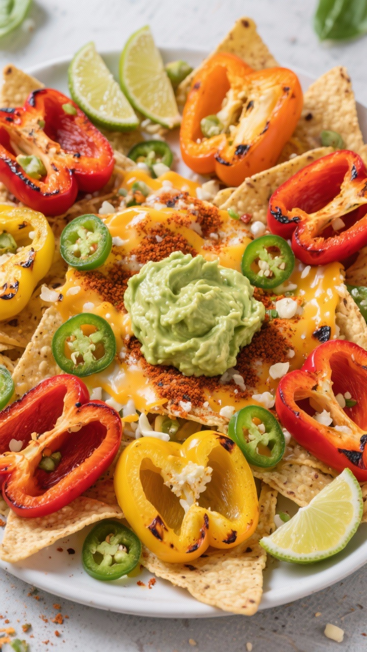 A vibrant overhead platter of rainbow pepper nachos: halved mini bell peppers in red, yellow, and orange, lightly charred edges from the air fryer, seasoned with olive oil, chili powder, cumin, garlic powder, kosher salt, and smoked paprika; scattered with low-carb toppings (melted cheese, sliced jalapeños), and finished with generous dollops of avocado lime crema in the center, lime wedges at the edge, bright and festive styling.