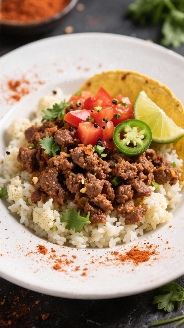A vibrant plated presentation at a straight-on angle of a zesty taco bowl with cauliflower rice: crumbled, browned ground beef seasoned with chili powder, cumin, smoked paprika, garlic powder, onion powder, sea salt, and black pepper over fluffy cauliflower rice. Garnished with diced tomatoes, sliced jalapeño, a lime wedge, and a sprinkle of cilantro (optional accents), with visible spice dusting. Warm, taco-night vibe with bold colors and a shallow depth of field to emphasize the savory beef and rice textures.