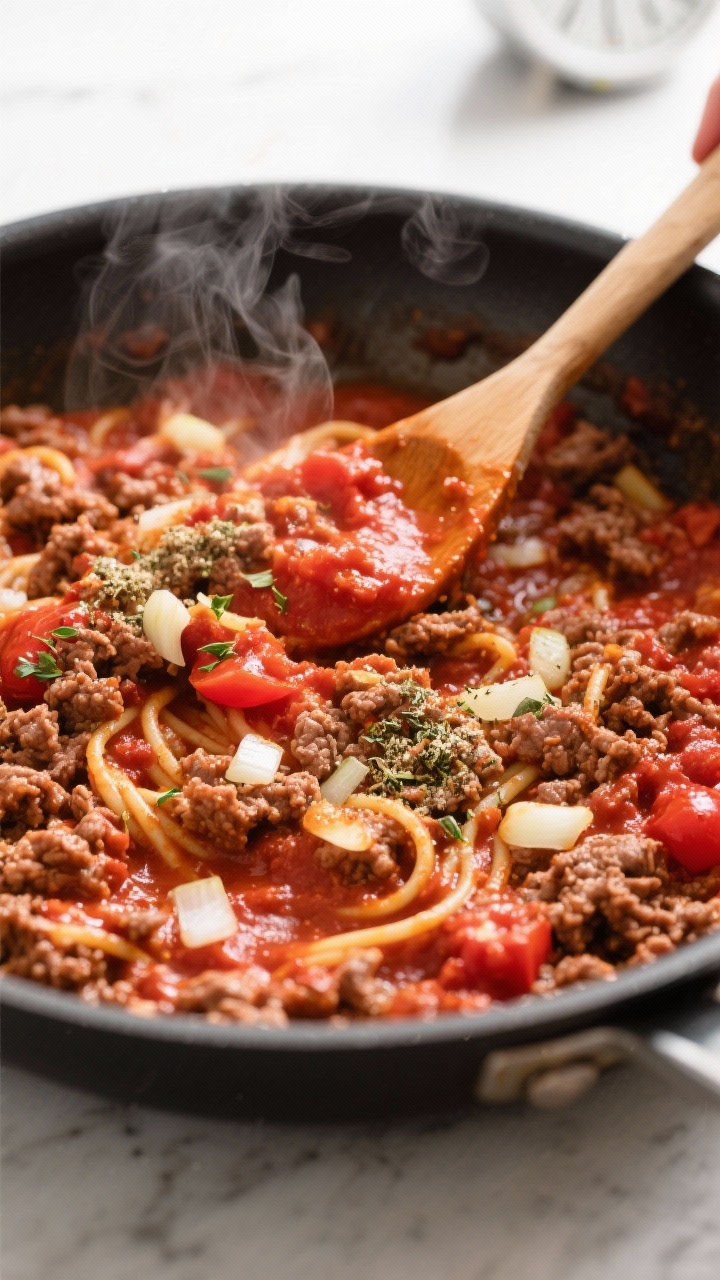 A weeknight skillet action shot at 45 degrees: Speedy Bolognese in 30 minutes with ground beef (or turkey) rapidly browning with minced onion and garlic, Italian seasoning and garlic powder sprinkled in, and 3/4 cup crushed tomatoes creating a quick, bright red sauce; steam rising, a wooden spoon mid-stir leaving a saucy trail; clean countertop, clock-friendly feel, vibrant and approachable.