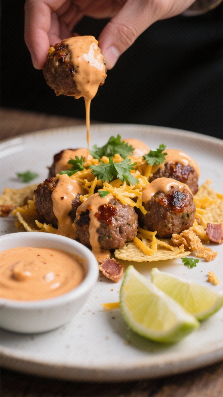 Action close-up at 45 degrees of keto nacho cheese meatballs being plated: juicy beef (with optional pork) meatballs studded with shredded cheddar and finely crushed pork rinds, caramelized spots from roasting; drizzled with silky chipotle crema, garnished with chopped cilantro; a small bowl of extra crema and lime wedges nearby; shallow depth of field, punchy contrast.