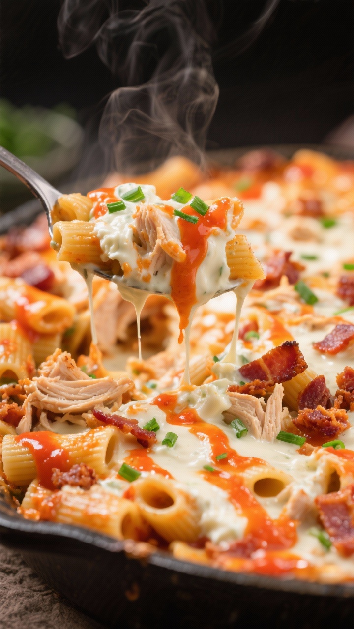 Action close-up of Buffalo Ranch Chicken Bacon Bake being scooped: ziti coated in a creamy ranch-buffalo sauce with softened cream cheese, shreds of chicken and crumbled bacon throughout; vivid orange-red buffalo gloss marbling the cream; melted cheese stretch as the spoon lifts; a few chopped chives on top for contrast; shallow depth of field, steam visible.