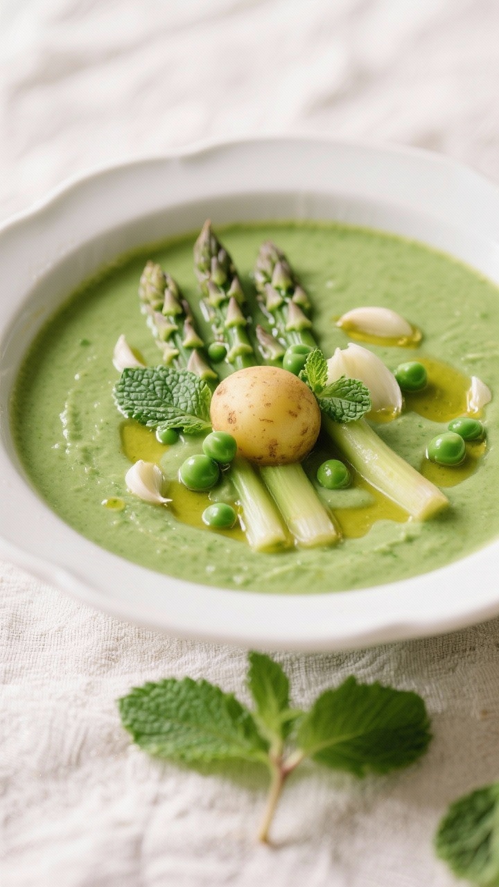 An airy overhead spring green soup of peas, asparagus, and mint: vibrant green puree with tender asparagus tips and whole peas as garnish; leek and garlic aromatics, a small potato lending body; mint leaves scattered on top, drizzle of olive oil for shine; set on a light linen to emphasize freshness and seasonality.
