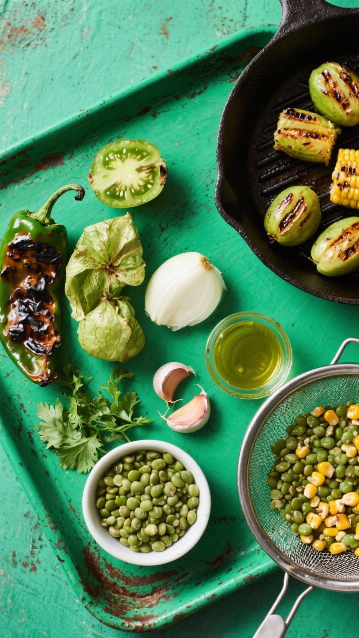 An ingredient-forward overhead of tomatillo chili verde components before blending: husked tomatillos, a roasted poblano and optional jalapeño with blistered skins, quartered small white onion, unpeeled roasted garlic cloves, fresh cilantro, a drizzle of olive oil, and charred corn kernels in a small bowl; green lentils rinsed in a mesh sieve to the side; cast-iron griddle marks on tomatillos; bright green palette on a weathered baking sheet.