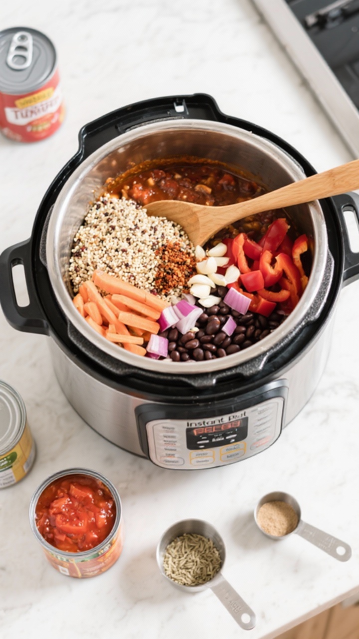 An Instant Pot-focused overhead shot of quinoa chili mise en place and cooking scene: an open Instant Pot showing a vibrant mix of rinsed quinoa, crushed tomatoes (28 oz can open), black beans (15 oz can drained), diced onion, red bell pepper, carrots, minced garlic; spices sprinkled on top, a wooden spoon resting across the pot; neat ingredient cans and measuring cups around the appliance; clean countertop, bright kitchen light, tidy and inviting.
