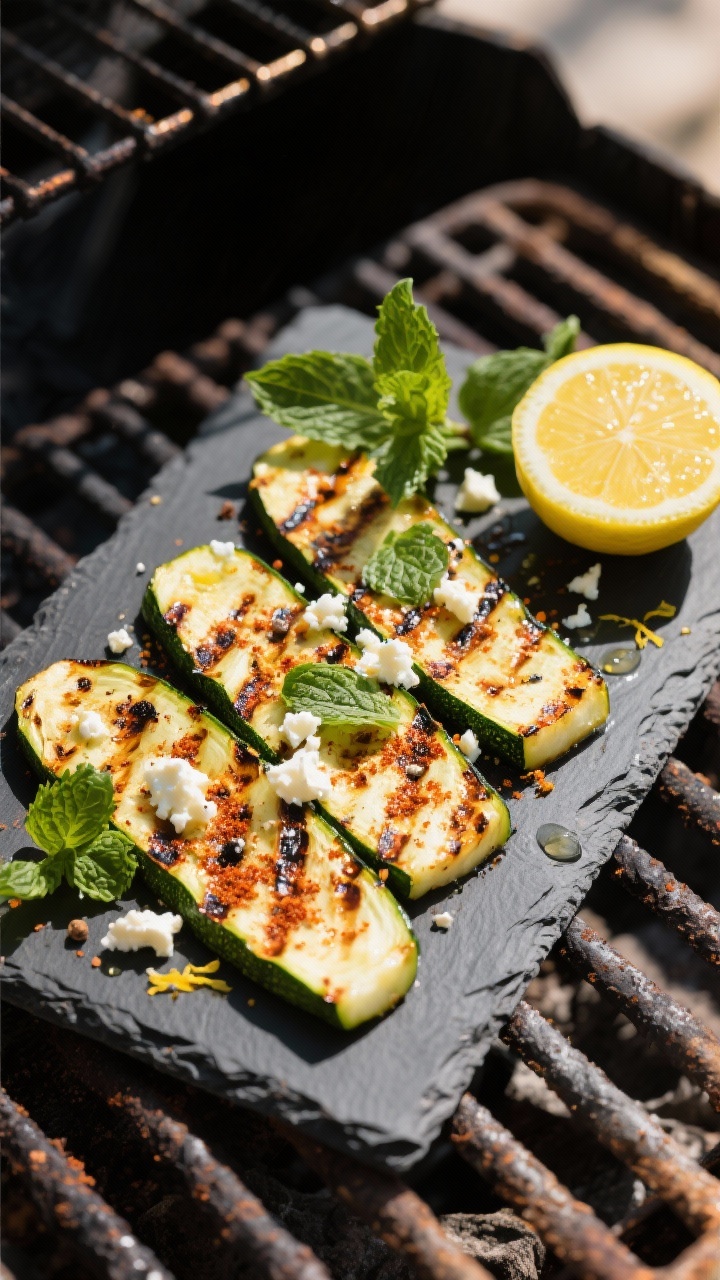 An outdoor-style grill-top shot at 45 degrees: smoky grilled zucchini planks with defined char marks, brushed with olive oil and smoked paprika, seasoned with garlic powder, salt, and black pepper; finished with crumbled feta, fresh mint leaves, and lemon zest; a cut lemon with juice droplets nearby; rustic metal grill grates and a dark slate platter for serving, sunlit, summery Mediterranean vibe