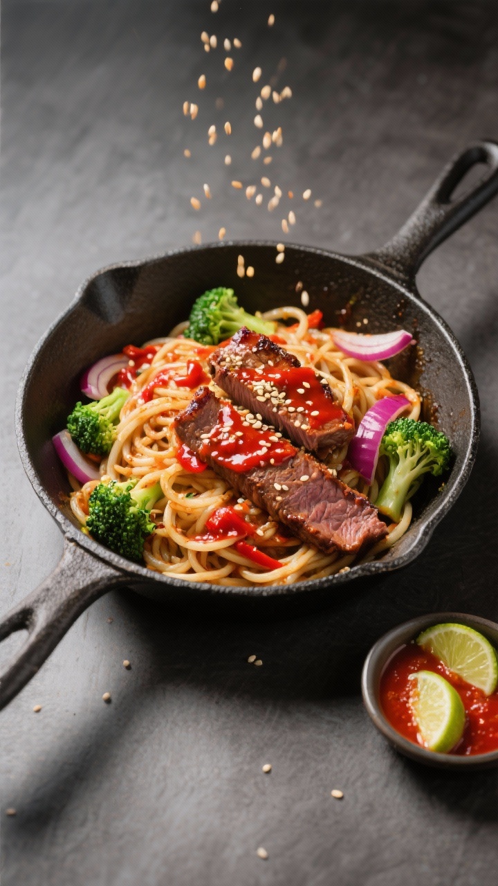 An overhead action shot of spicy gochujang beef “noodles” with shirataki in a carbon-steel skillet: thinly sliced flank steak seared and lacquered with a glossy red gochujang sauce, shirataki spaghetti tangled throughout, bright green broccoli florets, slices of red onion, and sesame seeds scattered; a small dish of gochujang and lime wedges at the edge; bold, contrasty lighting to emphasize the chili sheen.