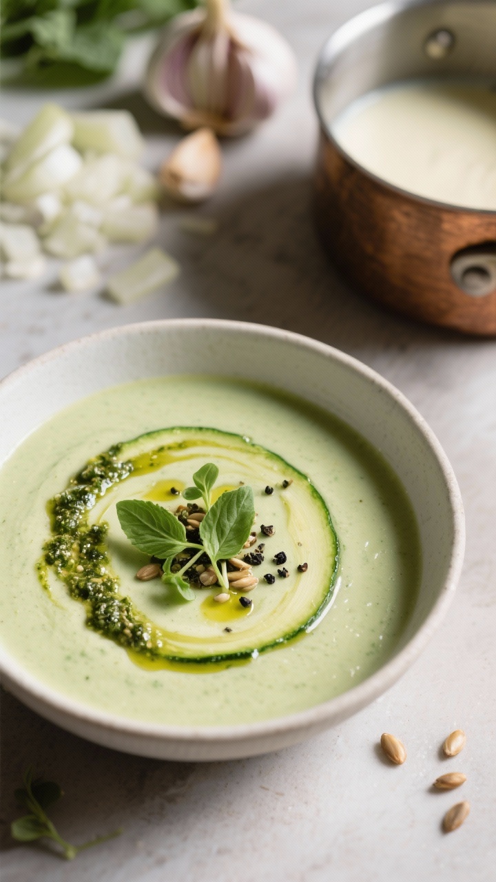 An overhead bowl shot of creamy zucchini soup with a basil pesto swirl: pale green velvety soup in a matte white bowl, glossy pesto marbling on top, a crack of black pepper and a drizzle of olive oil; toasted seeds or a few microgreens for texture; background props of chopped onion, garlic, and a saucepan, hinting at broth and cream; soft, cozy lighting for a soothing, elegant presentation