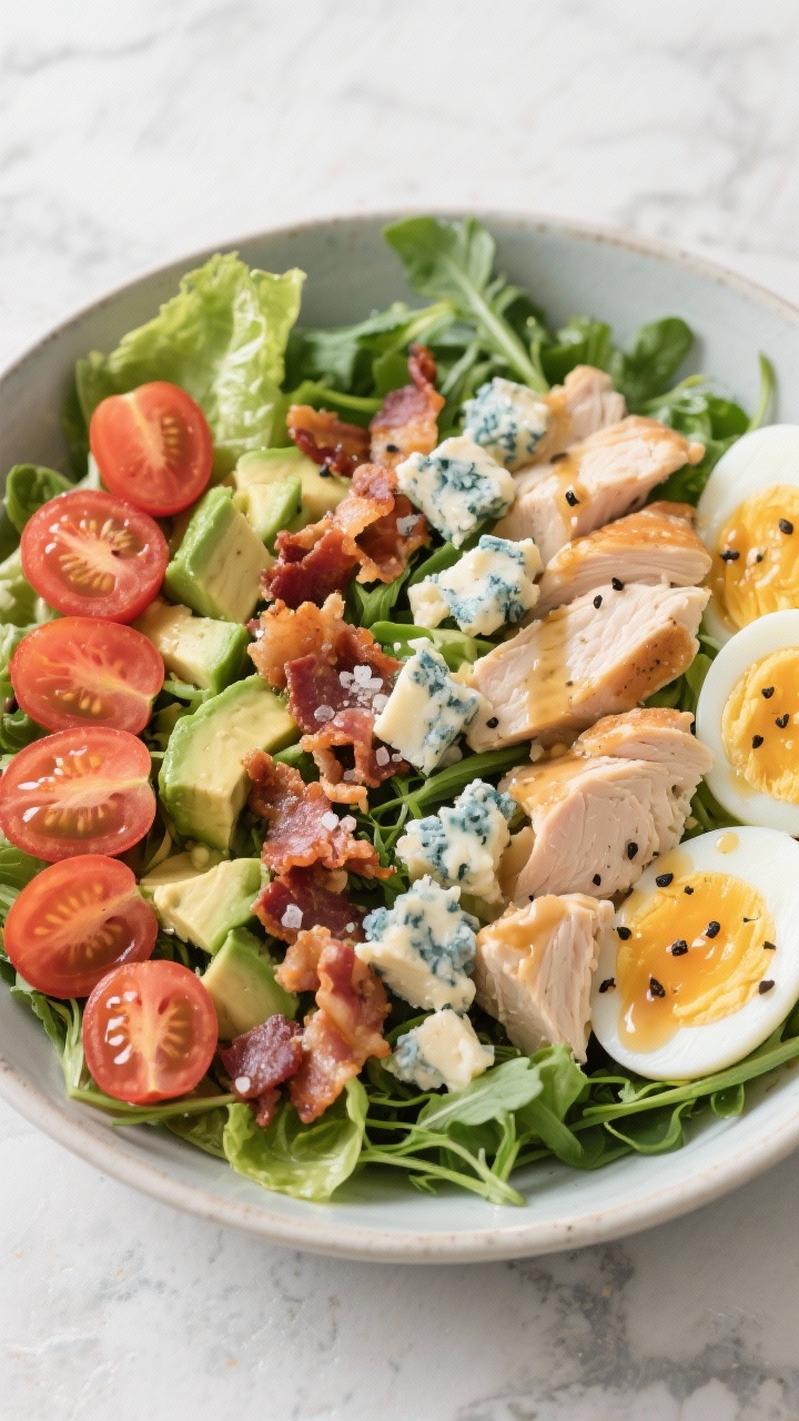 An overhead composed Cobb salad with blue cheese vibe (vinaigrette implied): abundant romaine and arugula base in a wide shallow bowl, neatly lined rows of halved cherry tomatoes, diced avocado, crumbled bacon, chopped cooked chicken breast, and quartered hard-boiled eggs; fine drizzle of vinaigrette glistening; finishing sprinkle of black pepper and sea salt; crisp, vibrant colors against a light stone tabletop.