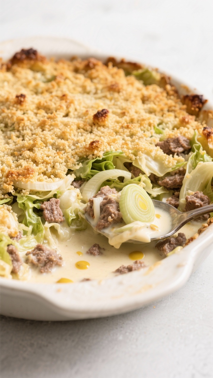 An overhead crumb-topped bake of Creamy Dijon Cabbage and Beef Casserole: shredded savoy cabbage and ground beef folded into a pale, silky sauce made with half-and-half and Dijon mustard, studded with tender slices of leek. The surface is covered in golden, crunchy breadcrumbs with a few darker toasted spots. A serving spoon reveals the creamy interior contrast; minimal props, bright neutral backdrop to emphasize texture and the tangy-creamy allure.