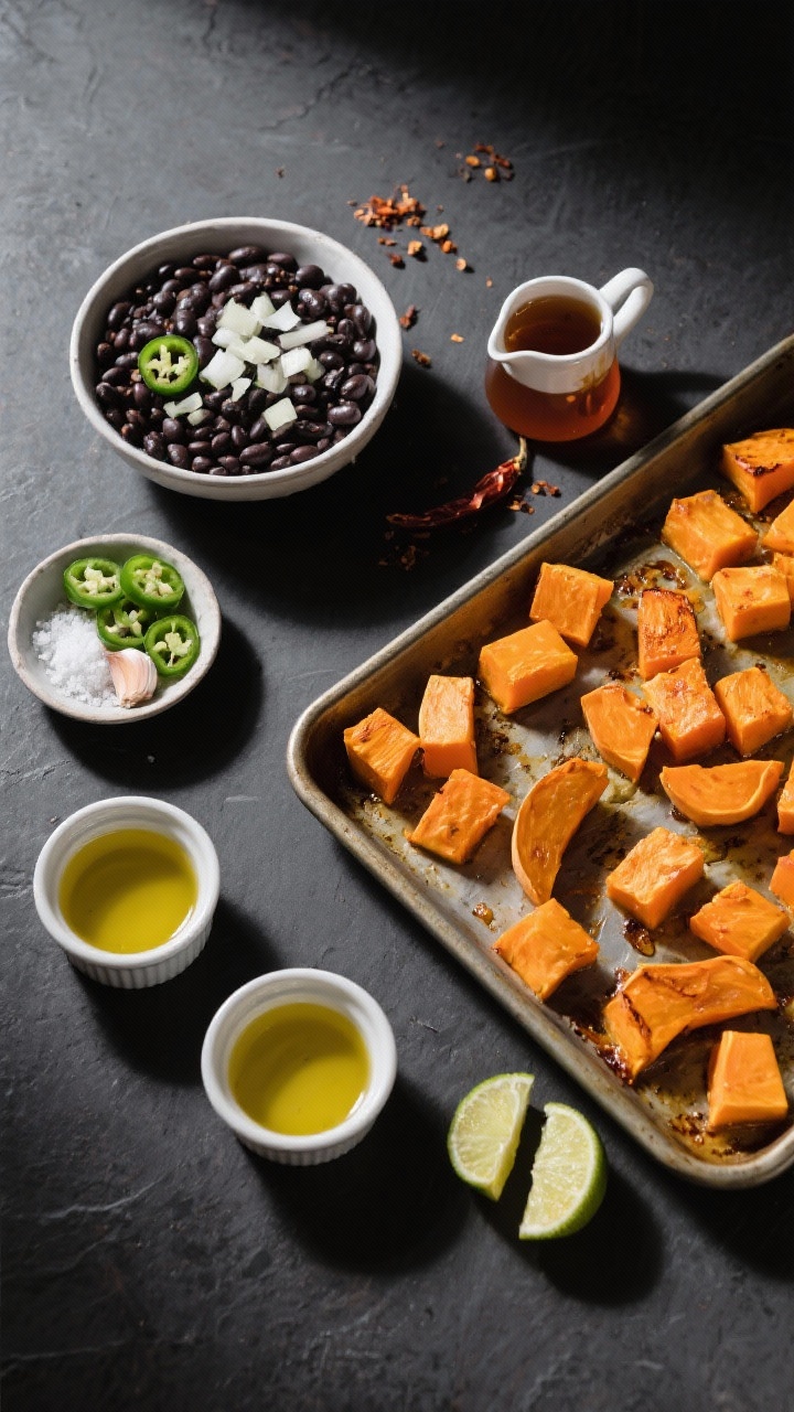 An overhead flat lay of butternut squash and black bean chili prep on a matte charcoal surface: peeled and cubed butternut squash (bright orange), a bowl of black beans, diced onion, minced jalapeño, minced garlic, small dish of kosher salt, and two small ramekins of olive oil (divided); a sheet pan with squash ready to roast for maple-chili crunch components; maple syrup drizzle in a tiny pitcher, chili flakes, lime wedges on the side; neat, graphic arrangement with strong shadows, clean studio light.