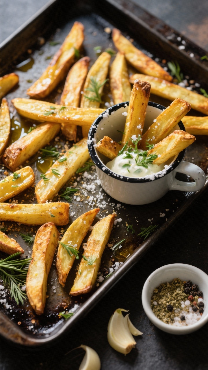 An overhead flat-lay of golden turnip fries fresh from the oven on a dark sheet pan, glistening with avocado oil and dusted with a herbed ranch blend: onion powder, garlic powder, dried dill, dried parsley, kosher salt, and black pepper; some fries grouped in a small enamel cup with extra herb dust sprinkled like snow; a pinch bowl of the ranch-dust mix visible, along with peeled turnip ends for context; crisp, contrasty lighting to highlight the matte-gold exterior and herb flecks.