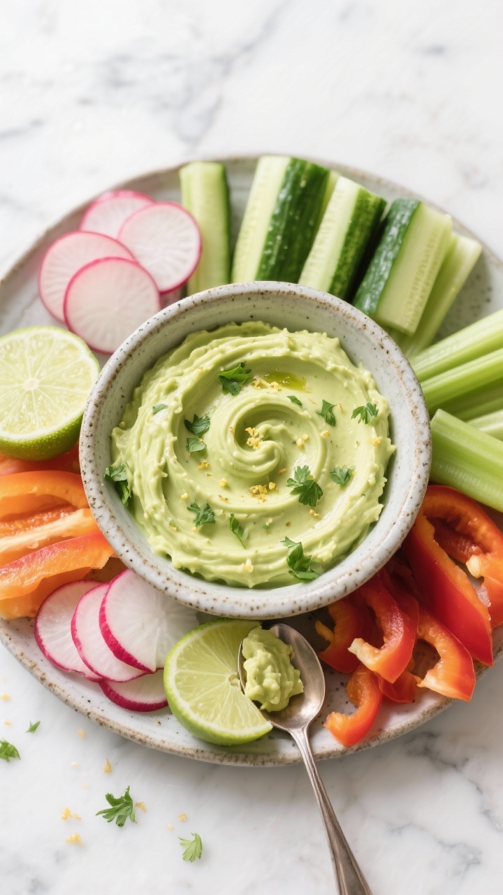 An overhead ingredient-and-final dip scene for zesty herb avocado dip: a stoneware bowl filled with ultra-smooth pale-green avocado dip swirled to peaks, flecked with cilantro, lime zest, and a hint of grated garlic; surrounded by vibrant crudités (cucumber spears, radish halves, celery sticks, and bell pepper strips) arranged in a tidy ring; lime halves and a spoon with a dollop nearby; clean, bright daylight on a marble surface.
