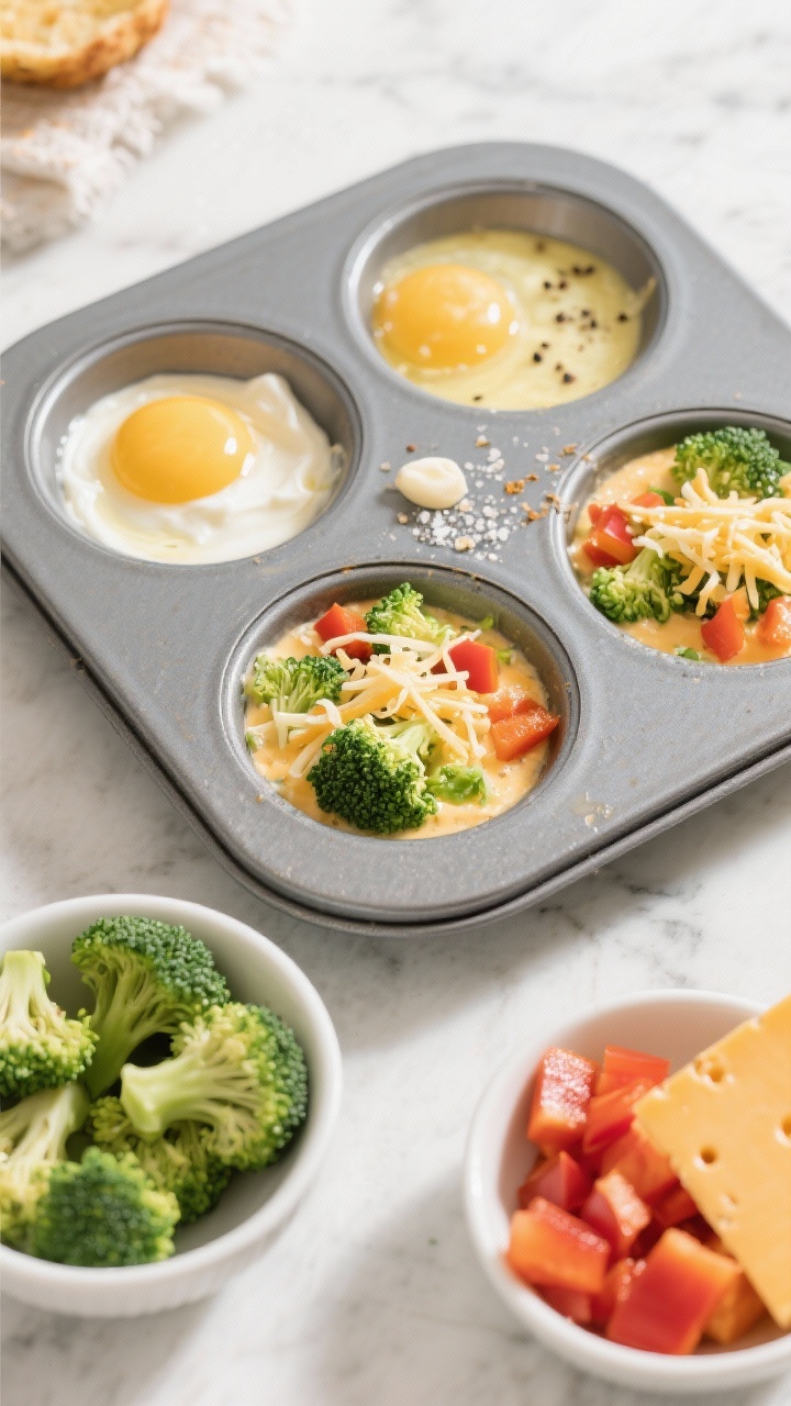 An overhead ingredient-to-assembly shot for cheesy broccoli egg muffins: a muffin tin half-filled with the egg mixture (beaten eggs, heavy cream, sea salt, black pepper, garlic powder) and visible add-ins of finely chopped broccoli, diced bell pepper, and shredded cheese sprinkled on top. Nearby bowls hold extra broccoli florets, bell pepper dice, and cheese. Clean, bright morning light on a light marble surface, neat composition, emphasizing grab-and-go breakfast prep.