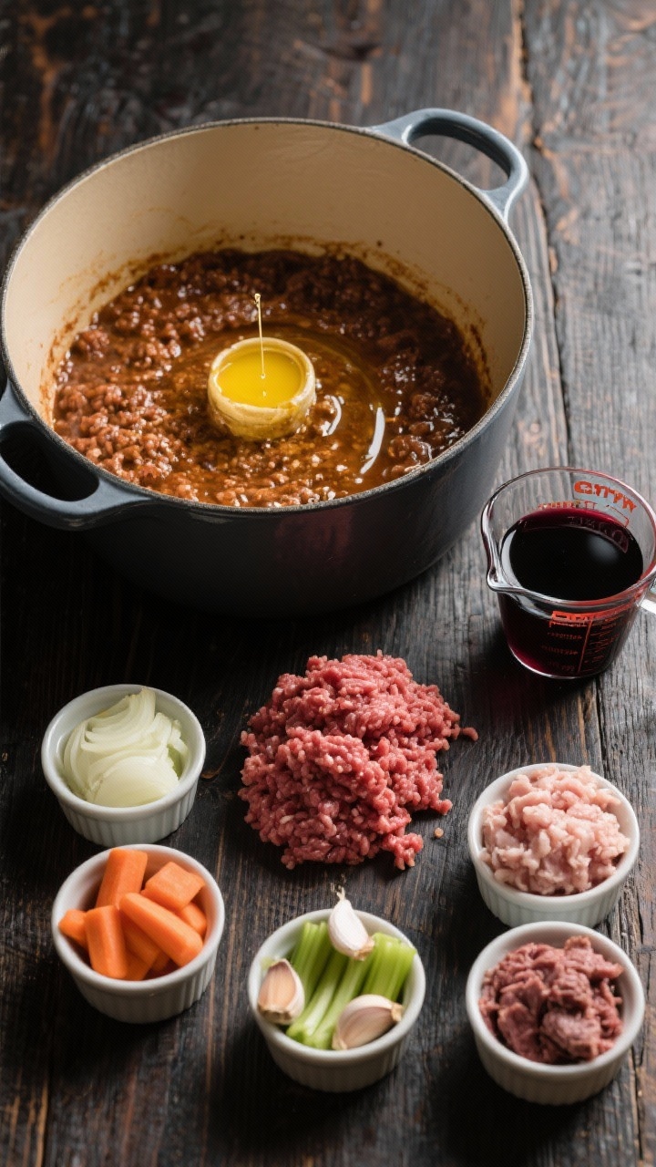 An overhead ingredient-to-pan transition shot for Extra-Meaty Triple-Blend Bolognese: ghee melting in a heavy Dutch oven next to tidy piles of ground beef, ground pork, and ground lamb; minced onion, carrot, celery, and garlic arranged in small ramekins; a measuring cup of dry red wine nearby; the pot already showing browned fond; dark wood surface, organized mise en place, professional kitchen vibe.