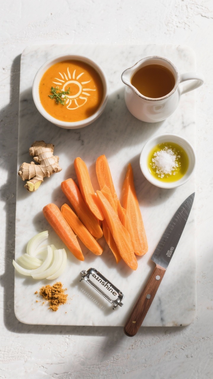 An overhead ingredients flat lay for five-ingredient carrot-ginger soup: peeled and sliced carrots in vibrant orange, sliced onion, minced fresh ginger (and a small pinch of ground ginger as an option), a jug of vegetable broth, sea salt, and a small dish of olive oil; arranged neatly on a light slate board with a chef’s knife and peeler; bright, sunny lighting to echo the soup’s “sunshine” vibe, clean, modern styling.