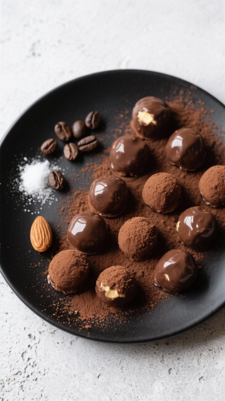 An overhead minimalistic layout of espresso almond fat bombs: neat rows of glossy bite-sized rounds made from almond butter, coconut oil, butter, cocoa powder, sweetener, and instant espresso; a dusting of cocoa on half the pieces for contrast; coffee beans and a tiny pinch of powdered sweetener scattered artfully; matte black plate on a light concrete surface for tonal drama.