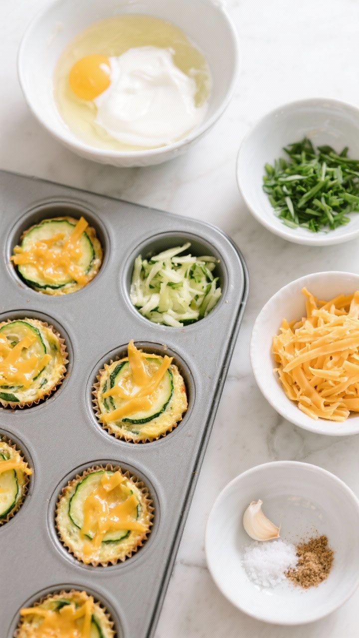 An overhead muffin-tin ingredient-prep scene for zucchini breakfast frittata cups: beaten eggs mixed with heavy cream, grated zucchini squeezed dry, shredded sharp cheddar, finely chopped chives, and a pinch of garlic powder and salt; some cups filled and topped with extra cheddar for golden melt; clean, bright kitchen light, tidy mise en place bowls, minimal props for a fresh morning feel