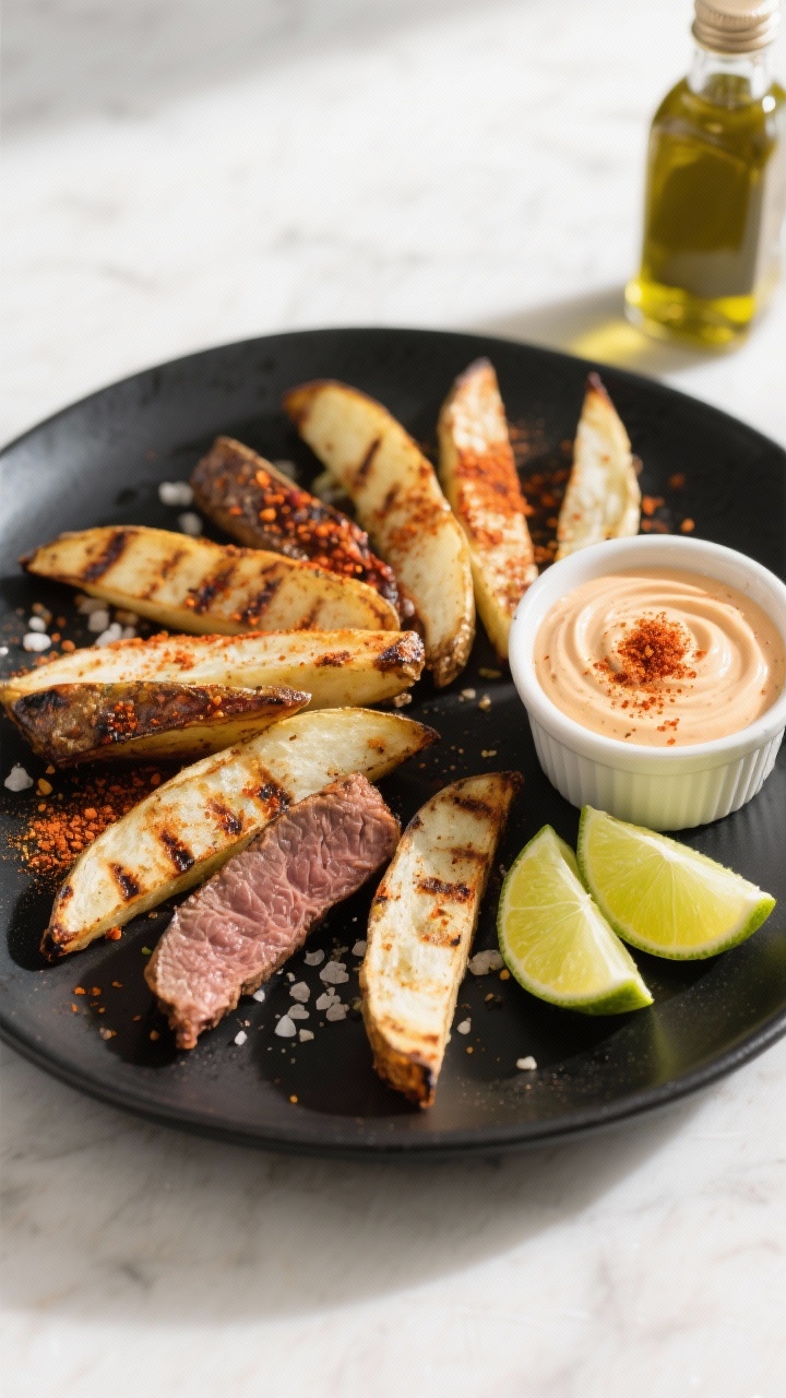 An overhead plated presentation of jicama steak fries—thick wedges with chili powder, cumin, garlic powder, kosher salt, and black pepper—arranged in a fan on a matte black plate, lightly charred tips and juicy interiors; a ramekin of chipotle-lime crema with a swirl and paprika dusting, lime wedges on the side; a small bottle of avocado oil slightly out of focus; bright, clean lighting to pop the warm spices against the cool plate.