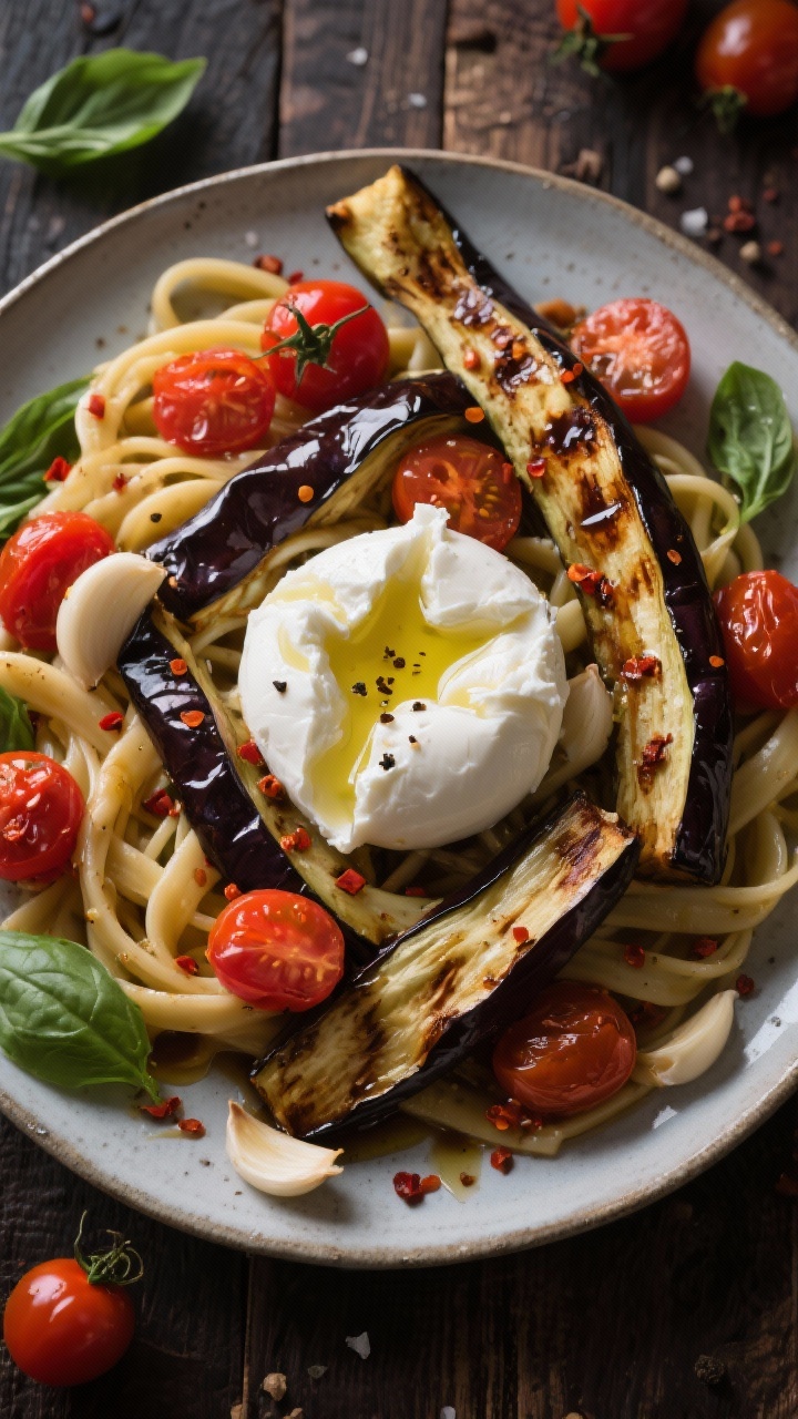 An overhead rustic platter of cherry tomato burrata “pasta” with roasted eggplant ribbons: long, glossy eggplant ribbons roasted until tender, tossed with burst cherry tomatoes, thinly sliced garlic, red pepper flakes, and a balsamic vinaigrette sheen; torn burrata nestled on top, olive oil drizzled, salt and black pepper visible; scattered basil leaves; dark wood surface for contrast.