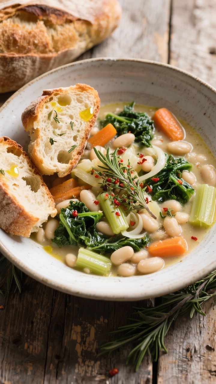 An overhead rustic Tuscan ribollita in a wide, shallow bowl: creamy white beans, wilted kale, carrots, celery, and onion in a thickened broth; torn country bread soaked in, edges crisped; drizzle of olive oil, sprinkle of dried thyme, rosemary, and a touch of red pepper flakes; set on a weathered wooden table with a crusty loaf nearby.