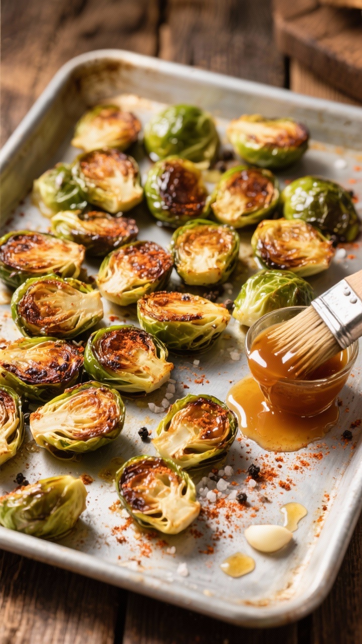 An overhead sheet-pan scene of smoky paprika Brussels sprouts, halved and deeply browned on the cut sides, tossed with olive oil, smoked paprika, garlic powder, kosher salt, and black pepper; a small brush and cup showing a glossy maple-Dijon glaze being applied to one corner, with a few drips pooling on the pan, warm shadows and rustic wood surface beneath.