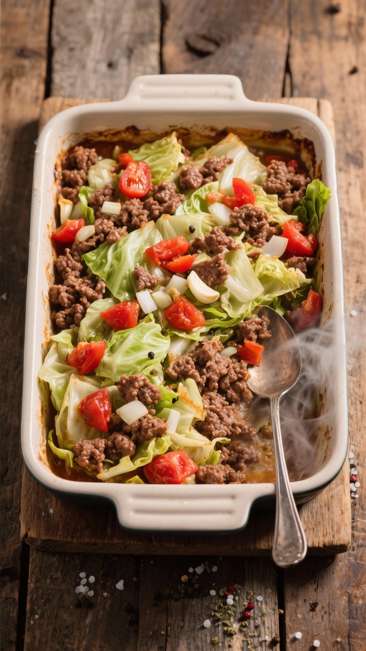 An overhead shot of a Classic Weeknight Cabbage Beef Bake, just out of the oven in a rectangular casserole dish: browned 80/20 ground beef mingled with chopped green cabbage, diced onion, minced garlic, and undrained diced tomatoes creating juicy red pockets among tender pale-green cabbage. Rustic homey styling on a wooden table with a metal serving spoon, steam visible, simple salt-and-pepper seasoning, no garnish, emphasizing comforting textures and familiar colors.