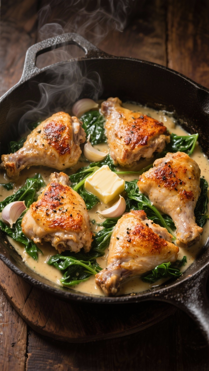 An overhead shot of a creamy garlic butter chicken thighs skillet: 6 bone-in, skin-on chicken thighs seared golden with smoked paprika, sea salt, and black pepper, nestled in a glossy garlic-butter sauce with wilted spinach and visible sliced garlic cloves; cast-iron skillet on a warm wooden surface, a pat of butter melting at the edge, olive oil sheen, steam rising, moody side lighting to emphasize crispy skin and creamy sauce texture.