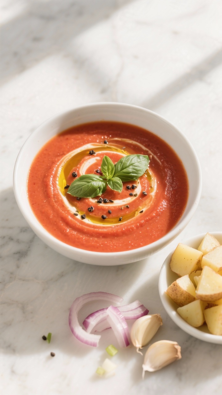 An overhead shot of a creamy tomato basil soup without dairy, blended silky-smooth from canned tomatoes, diced potato, onion, and garlic, swirled with olive oil and topped with torn fresh basil leaves and cracked black pepper; served in a matte white bowl on a light marble surface, with a side dish of diced Yukon gold potato, chopped onion, and minced garlic as subtle props; warm, natural window light, soft shadows, minimalist styling emphasizing the rich red hue and velvety texture.