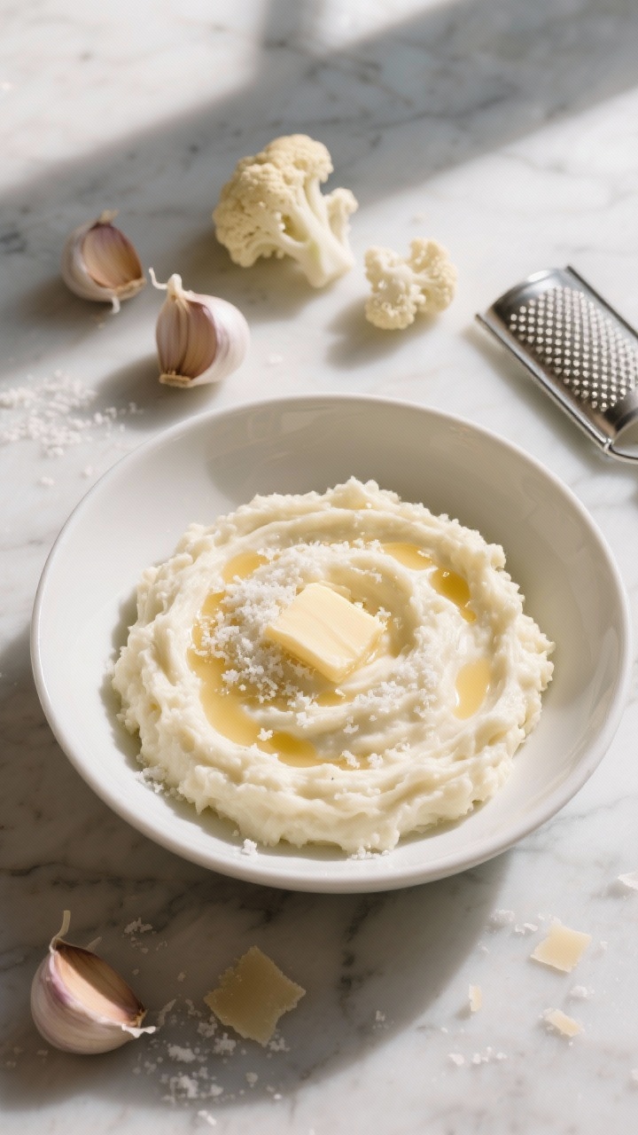 An overhead shot of a luxurious garlic-Parmesan cauliflower mash swirled into soft peaks in a matte white bowl, finished with melted unsalted butter puddles, a drizzle of heavy cream, and a snowfall of freshly grated Parmesan; three peeled garlic cloves and raw cauliflower florets scattered on a cool marble surface, with a rasp grater and a warm, creamy white/beige palette emphasizing silky texture; natural window light, no people.