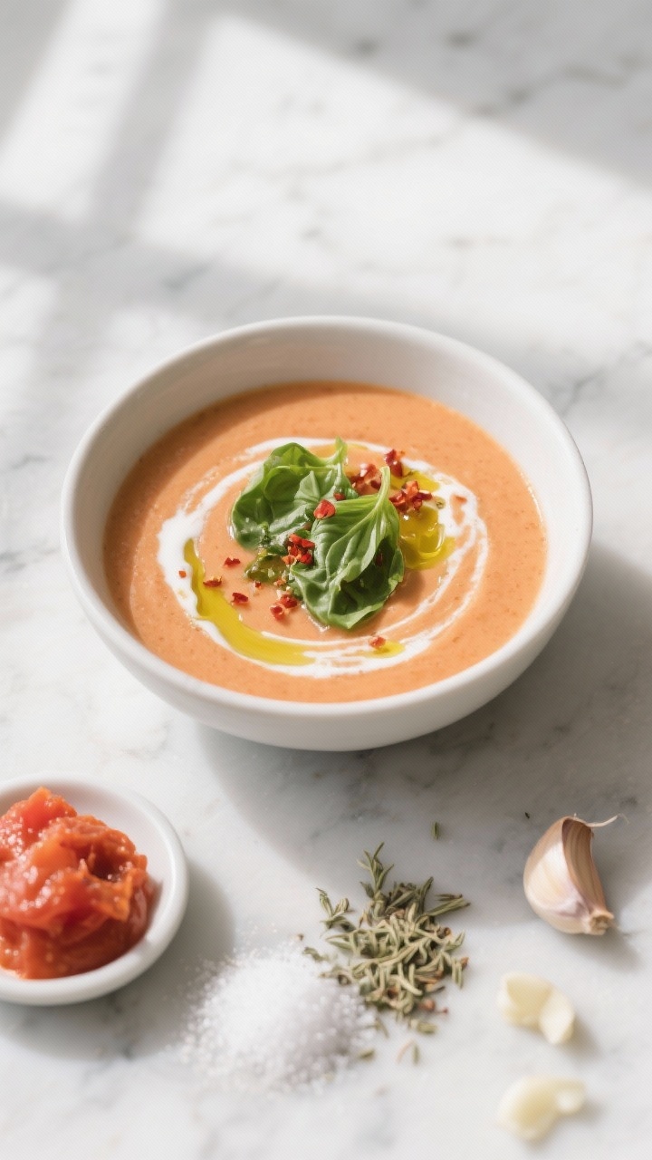 An overhead shot of a silky creamy coconut tomato bisque in a matte white bowl, garnished with a basil blitz (torn fresh basil whirled into a green oil), a drizzle of olive oil, and a pinch of red pepper flakes; visible textures of blended tomatoes and coconut cream, with a small side dish showing tomato paste, dried oregano, a sugar pinch, and minced garlic on a light marble surface, soft natural window light.
