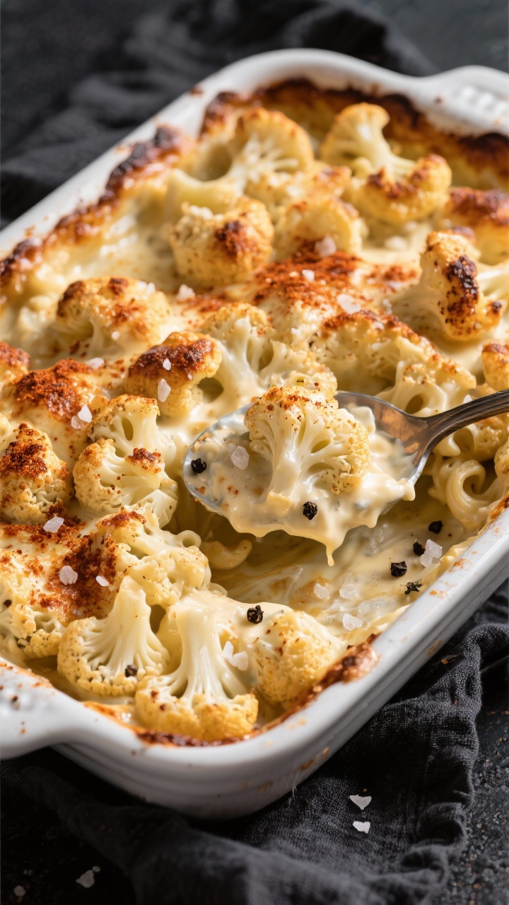 An overhead shot of a smoky cauliflower “mac” bake fresh from the oven: small cauliflower florets smothered in a rich, bubbling heavy-cream and cream-cheese sauce, dusted with smoked paprika and garlic powder, edges lightly caramelized; a serving spoon creating a scoop to show the creamy pull; sea salt flakes and black pepper visible; styled in a white enamel baking dish on a charcoal linen for contrast.