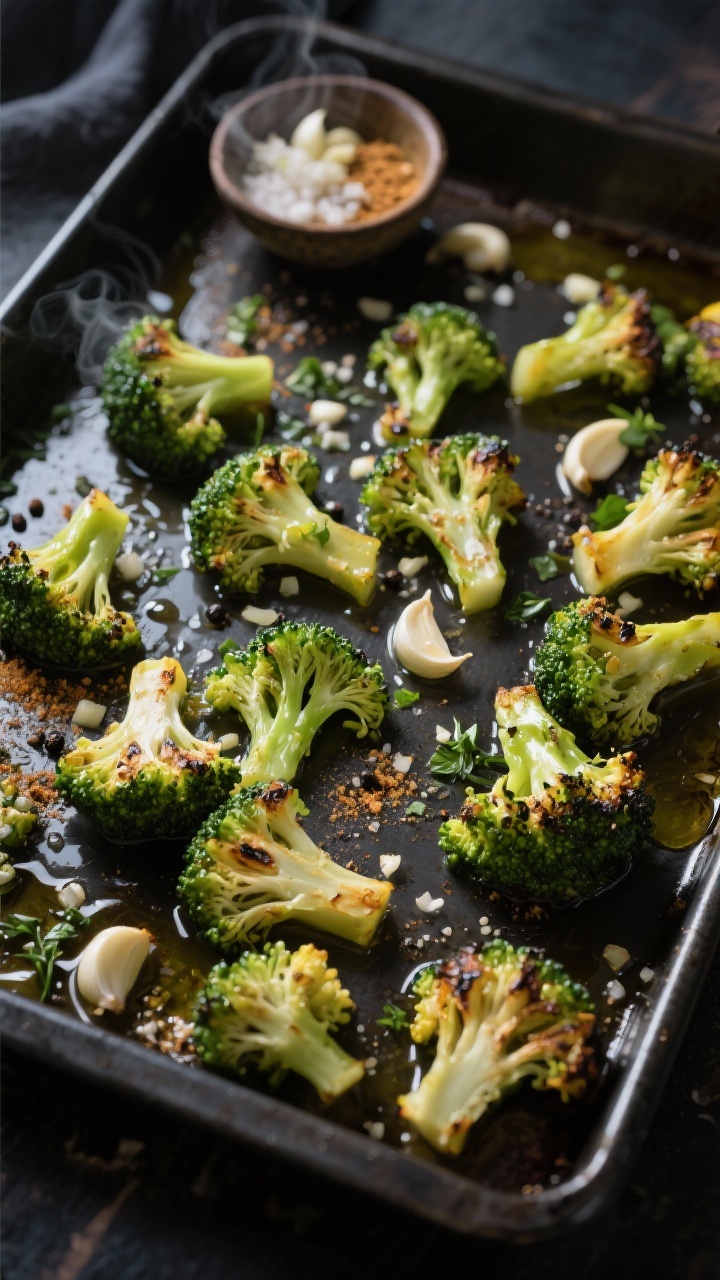 An overhead shot of garlic-herb broccoli bites on a dark sheet pan, florets glistening with olive oil and tossed with minced garlic, onion powder, kosher salt, and black pepper; lightly charred edges and steam hints, lemony-green hues popping against the pan, a small bowl of extra minced garlic and a pinch bowl of onion powder in frame, moody natural side light for contrast.