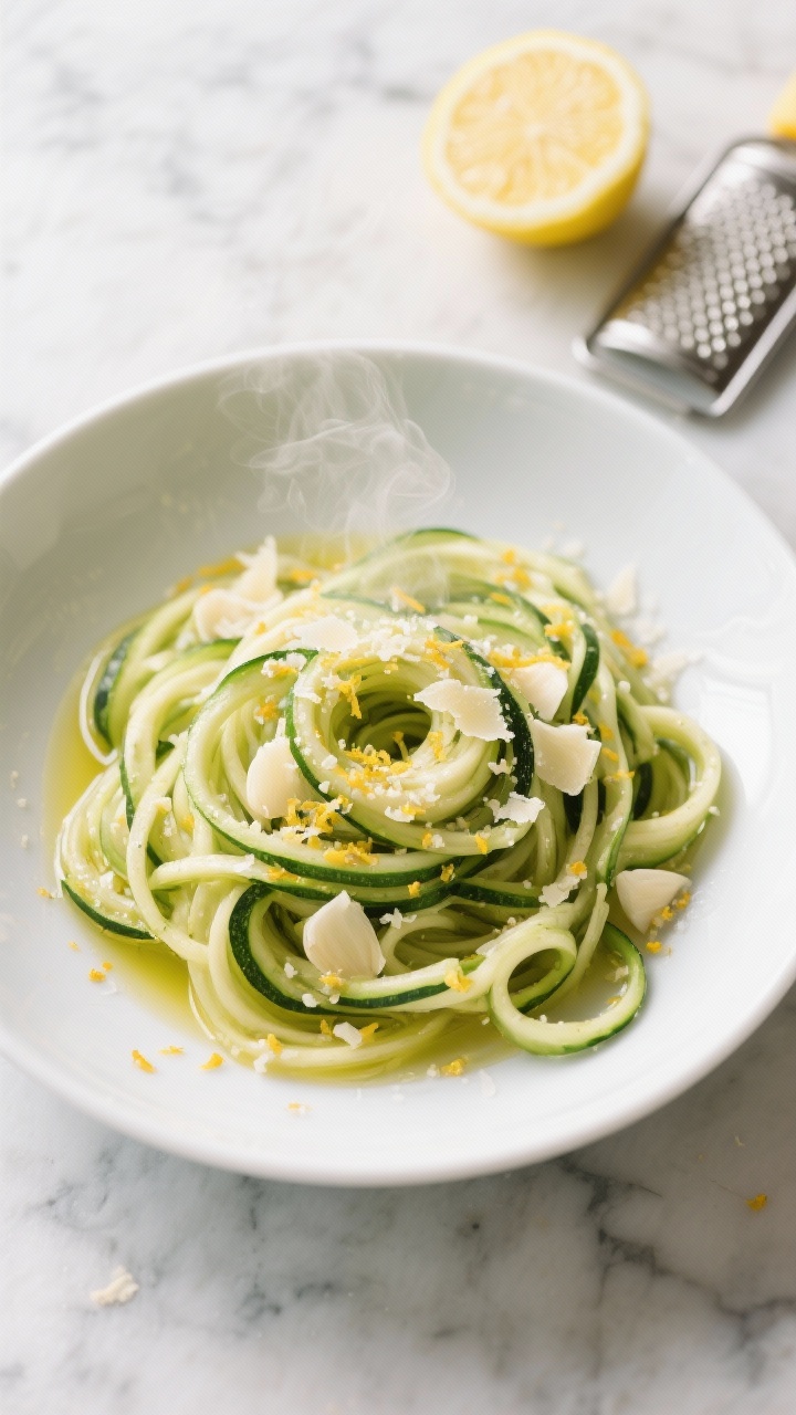 An overhead shot of garlicky zucchini noodles twirled into nests in a shallow white bowl, glistening with lemon-Parmesan butter; visible flecks of minced garlic, lemon zest, and grated Parmesan sprinkled on top, with a small pool of extra-virgin olive oil sheen; lemon halves and a microplane zester off to the side on a cool marble surface; bright, zesty, Italian mood, steam subtly rising